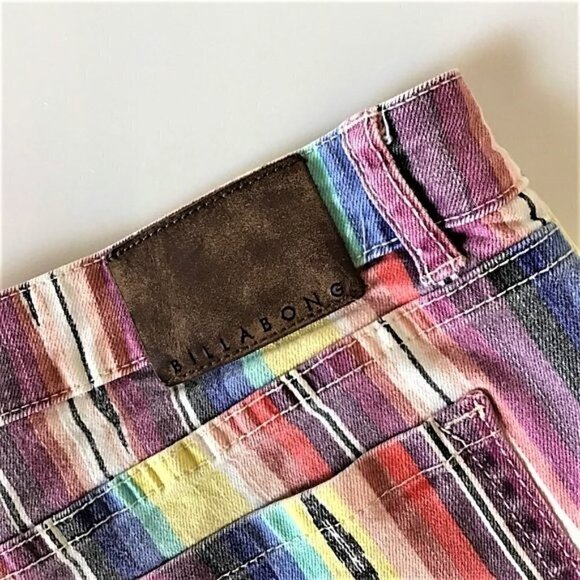 BILLABONG RAINBOW STRIPE LACE UP RAW HEM CUT OFF JEAN SHORTS - Picture 9 of 12